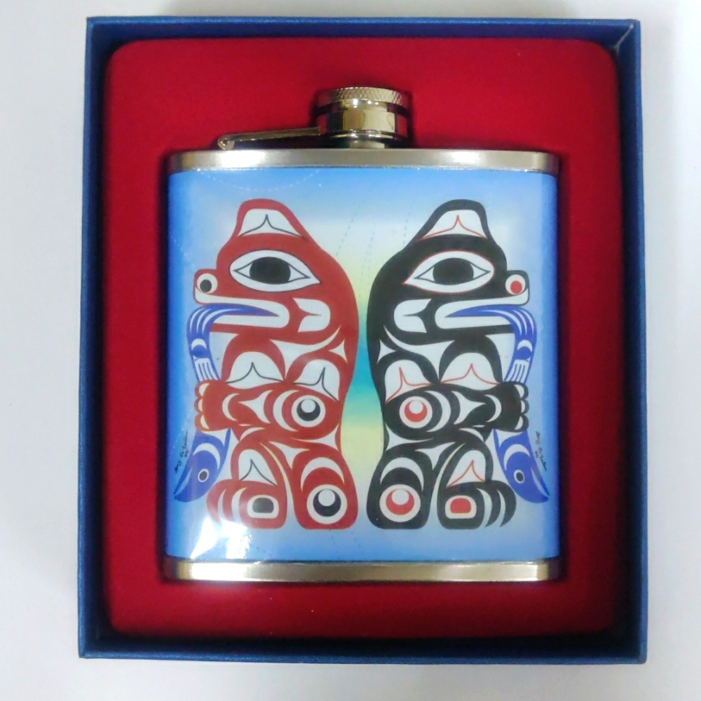 Bear Indigenous design by Douglas LaFortune Hip Flask 6oz Stainless Steel